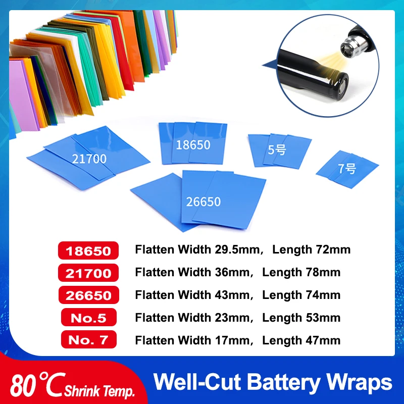 

Pre-Cut 18650/21700/26650/No.5/No.7 Battery Wraps Shrinkable Wrap Insulated Cable Sleeve Battery Film Case PVC Heat Shrink Tube