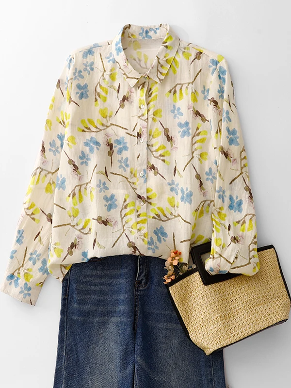 

Женская блузка с цветочным принтом из тонкого хлопка и льна, свободного кроя, с длинными рукавами, на пуговицах, повседневная, весенняя, маленький размер