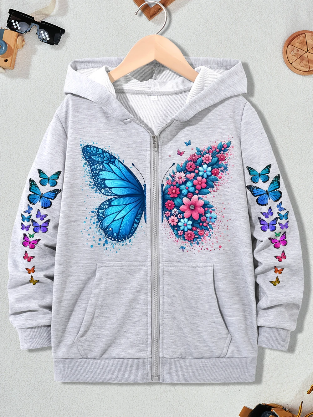 Kids Boys Girls Grey Floral Butterfly Zip Up Hoodie Sweatshirt Graphic Printed Cardigan Coat Present Fall Winter Gift Outerwear