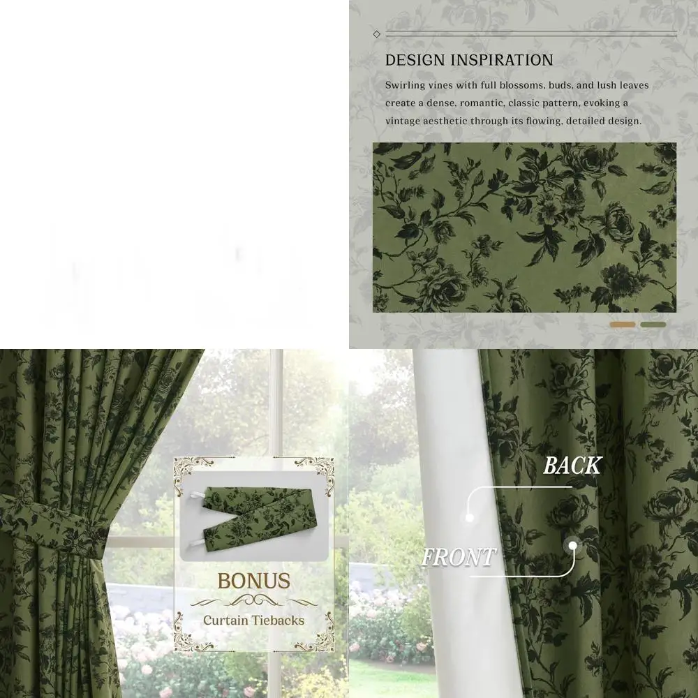 Vintage Floral 96 cortinas de terciopelo verde oliva con aislamiento térmico, ancho 50 x L96, juego de 2 paneles para privacidad y estilo en el hogar