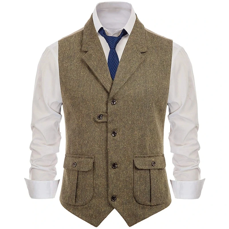 

Men Vest Khaki Casual Suit Notch Lapel with Two Pockets Herringbone Waistcoat for Wedding Groomsmen Men Vest