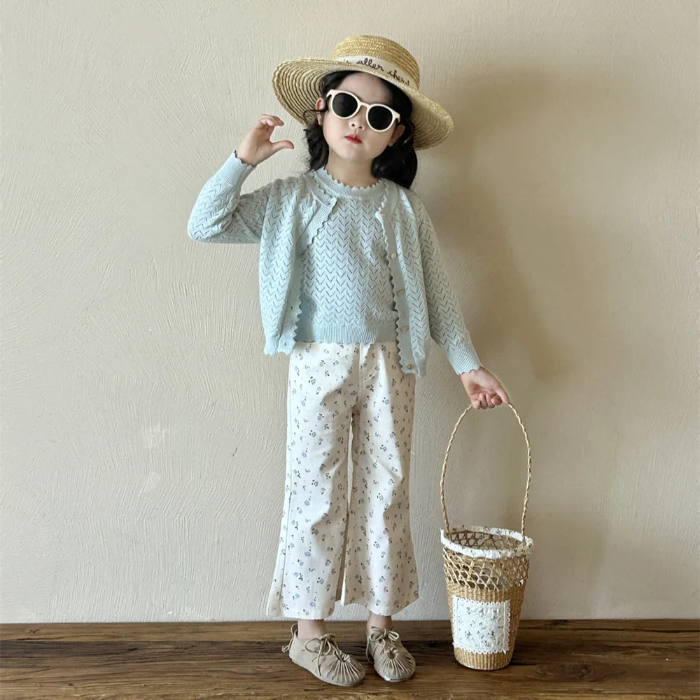2025 Girls Spring Autumn New Hollow Knitted Vest Cardigan Floral Cotton Flared Pants Baby Countryside Style Clothing