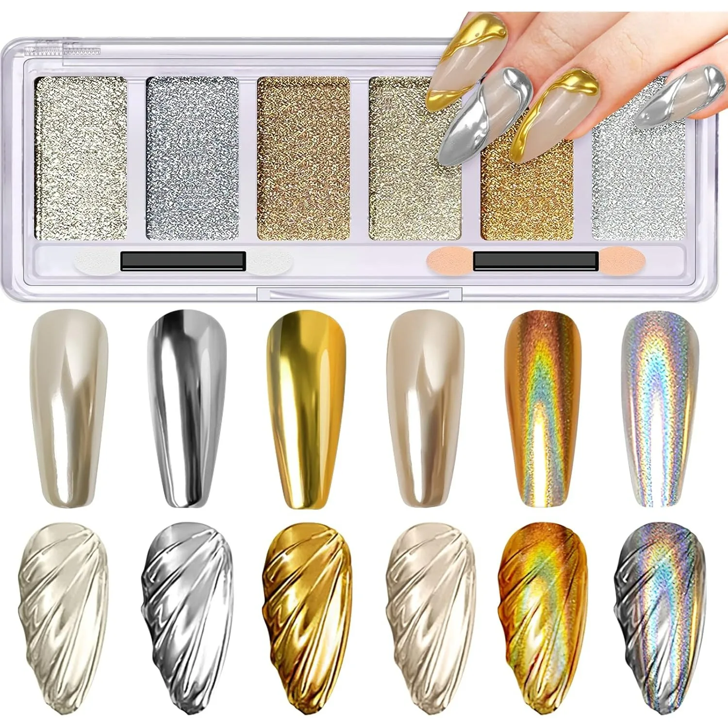 Poudre à ongles chromée or argent 6 couleurs holographique MirrorPigment Champagne paillettes poussière avec applicateur pour manucure Nail Art bricolage