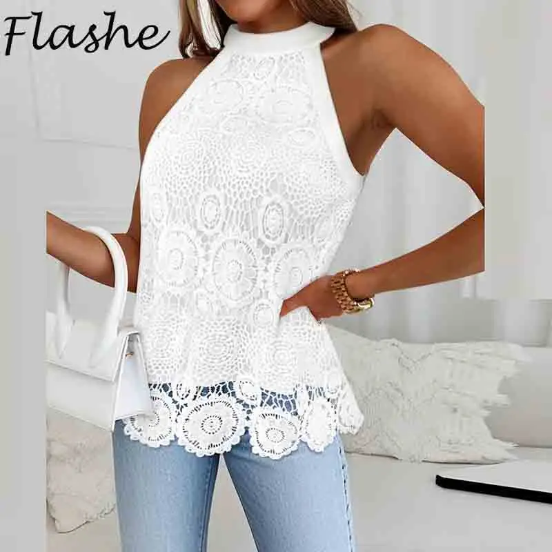 

White Top Woman Y2K Halter Neck Crop Tops Sleeveless Lace T-Shirts For Women Tee Female Sexy Tank Top