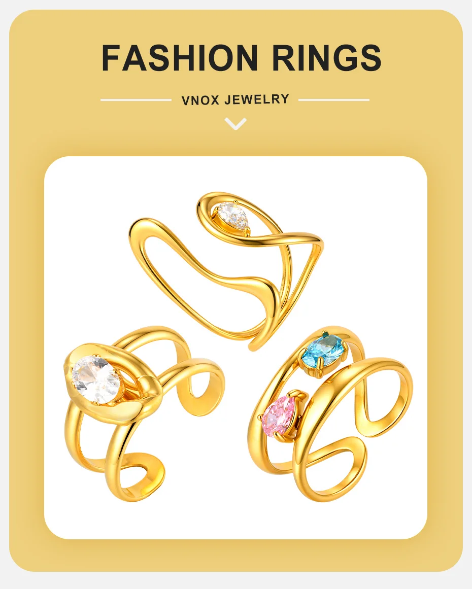Vnox vergoldeter tropfenförmiger ovaler rosa-blauer Zirkon-Doppelschicht-Öffnungsring für Damen, glänzende Kristalle, Party-Fingerring, Schmuck – Detail 1
