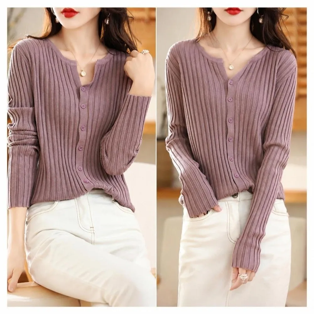 Chic Solid Color Knit Cardigan V-Neck Slim-Fit Design Women Cardigan Long-Sleeved Knit Jacket