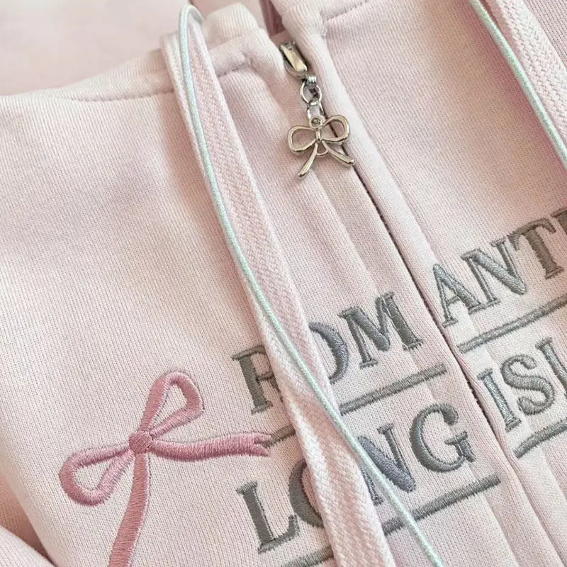 Korean Girl Sleeve Bow Design Sense Spring Loose Hooded Zipper Cardigan Sweater Lantern Sleeve Coat Embroidered Pink Bow Coat