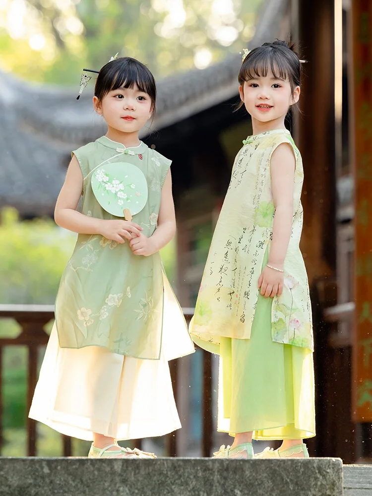 Hanfu女の子のチャイナドレススーツ、新しい古代の衣装、緑のタンスーツ、中国風、子供の古代の衣装、夏、2024