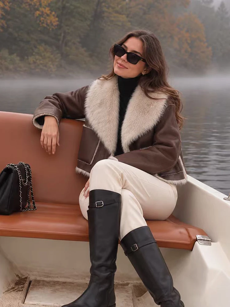 HH Elegant Faux Fur Coat Autumn Winter 2026 Soft Finish Contrast Lapel Double Sided Design for Date Night Daily Wear Chic Outfit