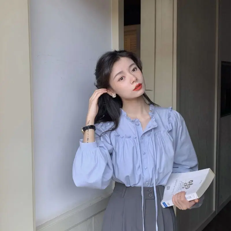 

Женская свободная рубашка с длинными рукавами и шнуровкой нового дизайна в стиле ретро с деревянными ушками