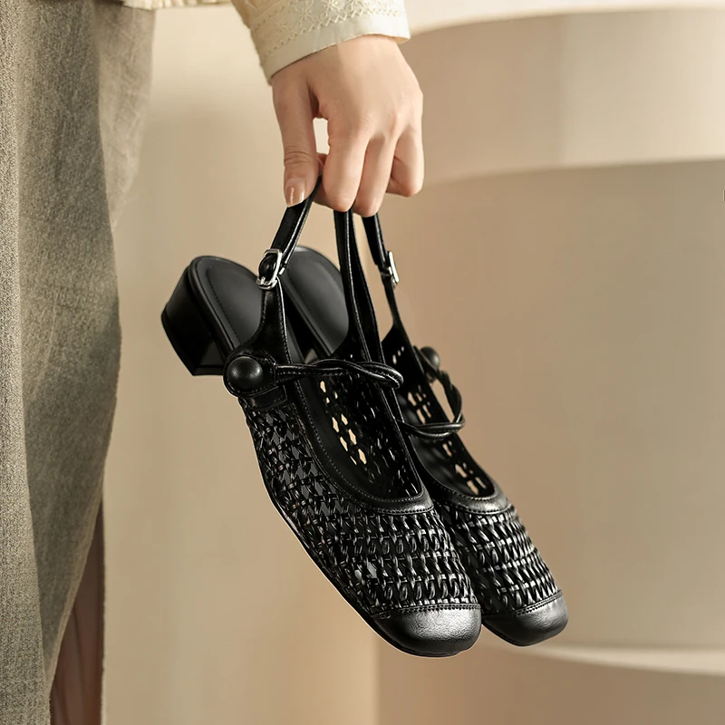 2026 new Spring summer women sandals natural leather plus size 22-25cm cowhide+weave+pigskin square toe back buckle women shoes