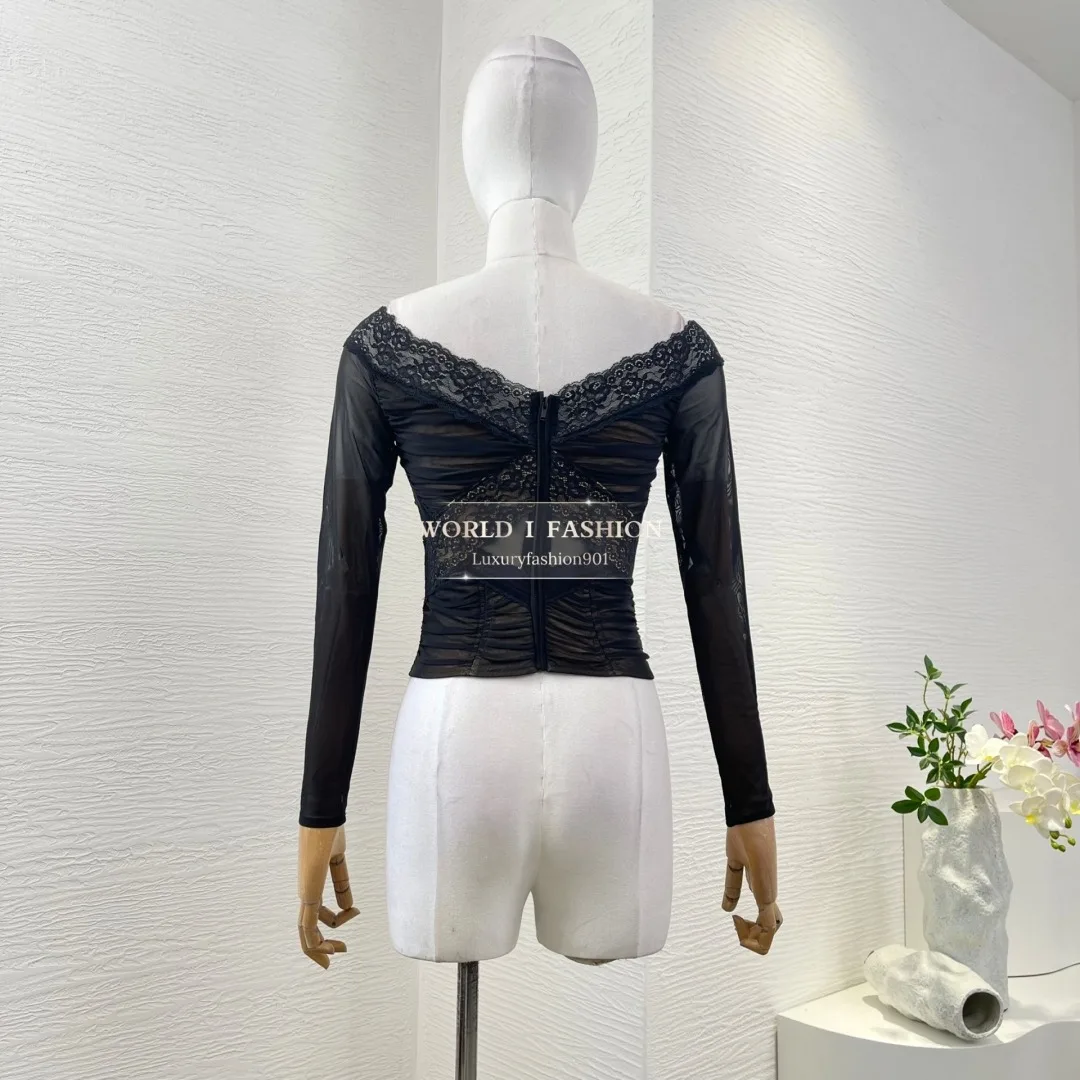 Black Lace Patchwork Long Sleeve Ruched Tulle Off The Shoulder Tops