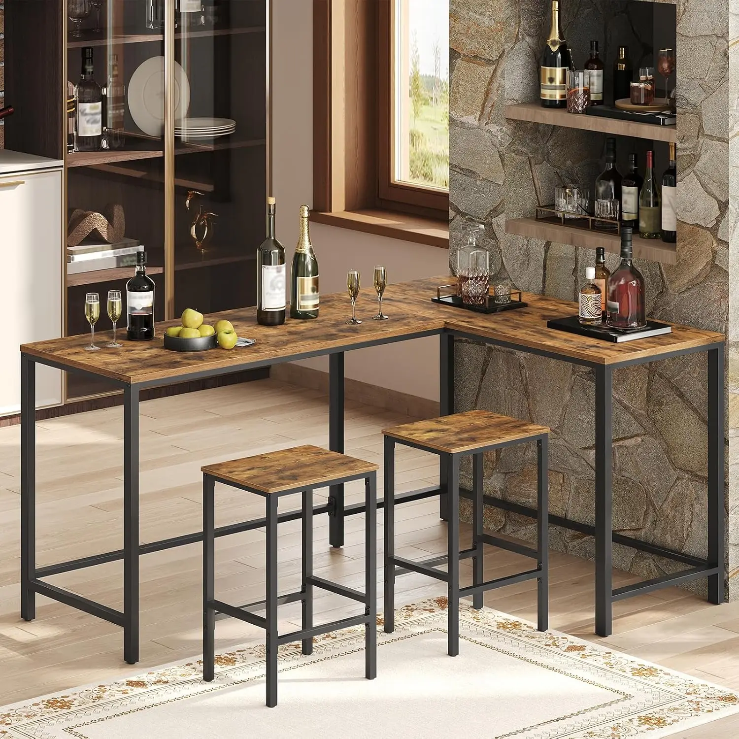 Bar Height Table Chairs Set L Shaped Convertible Bar Table Stools Kitchen Corner Apartment Easy Assembly Rustic Brown Black