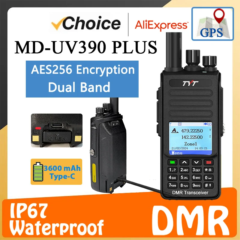 

TYT MD-UV390 Plus GPS AES256 Шифрование 3600 мАч Зарядное устройство Type-C IP67 Водонепроницаемая двухдиапазонная DMR 5/10 Вт Опциональная цифровая рация