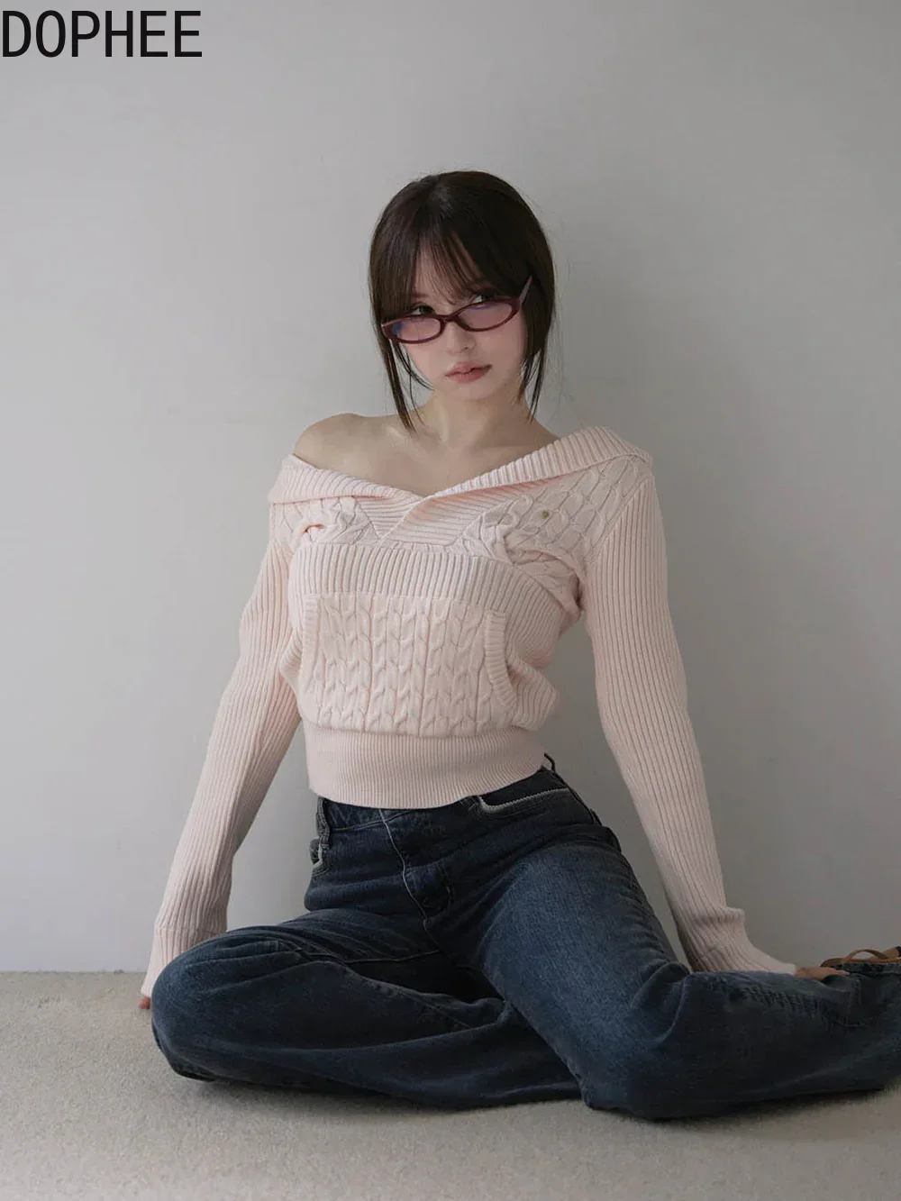 

Japanese Autumn Winter Elegant Pink Hooded Pullover Top V-neck Long Sleeve Knitted Sweater Top Spice Girls Knitting Jumpers