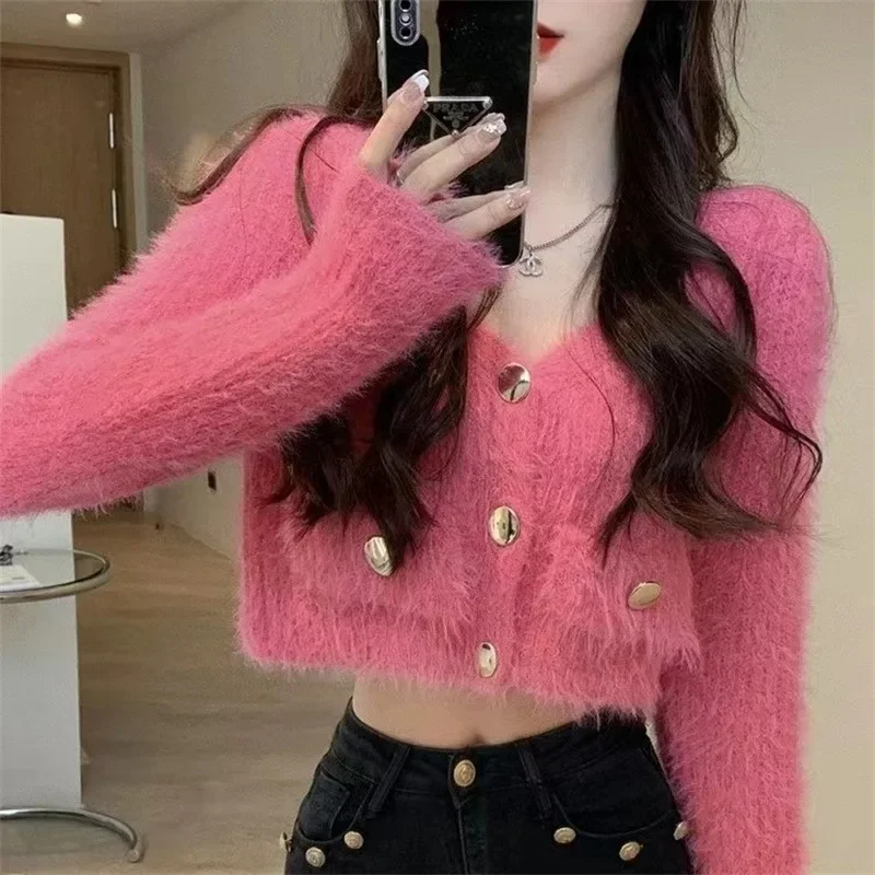 

Women New Chic Solid Colors Furry Cardigans V-Neck Slim Short Sweater Autumn Winter Simple Casual Knitted Cardigan Knit Sweater