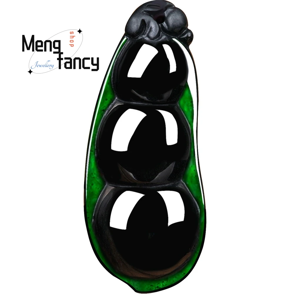 Natural Emerald A Goods Jade Ink Jade Fufu Beans Green Beans Ice Jade Pendant Pendant Men's And Women's Necklace Jade Pendant