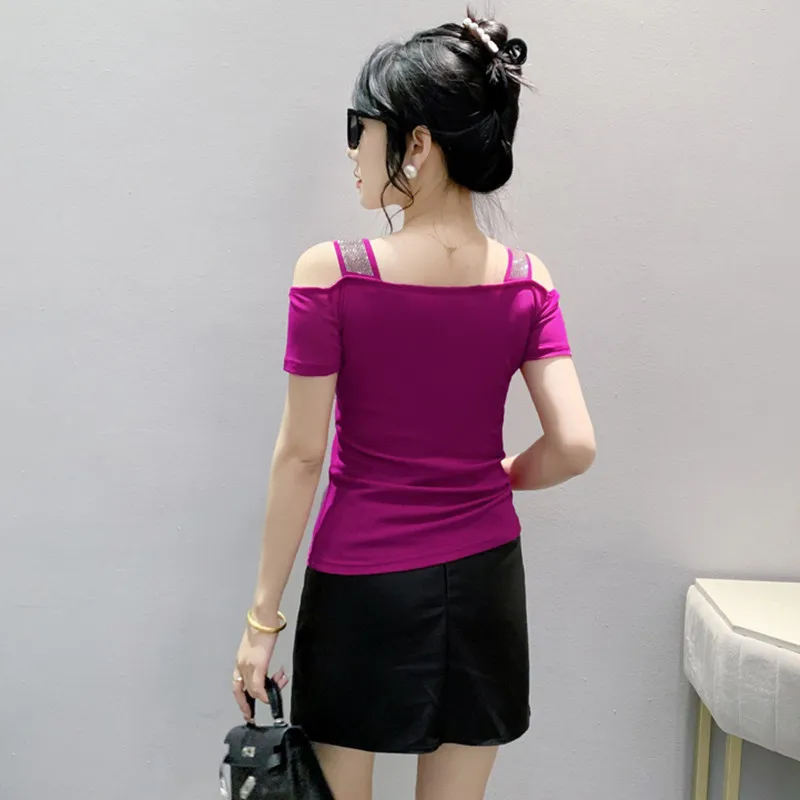 New European Clothes Summer Fashion Sexy Off Shoulder T-Shirt Design Shiny Diamonds Women’s Mesh Tops All Match Tees Blouse