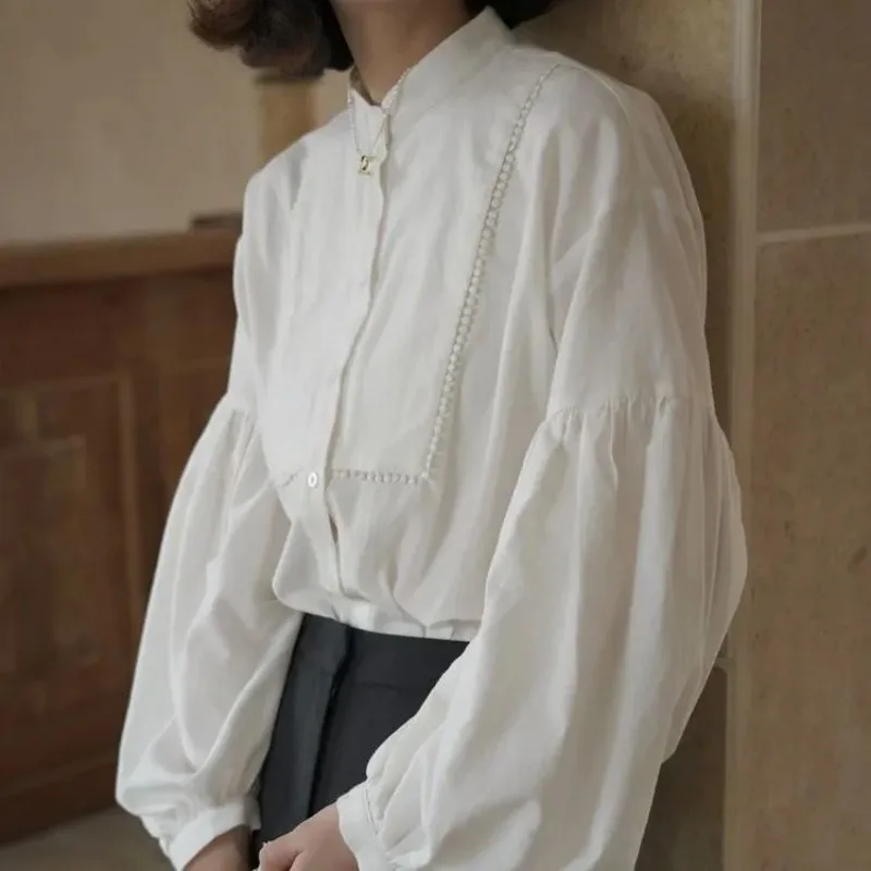 

Women's Korean Style Loose Lantern Sleeve Shirt Stand Collar Long Sleeve Beige Lightweight Blouse For Autumn