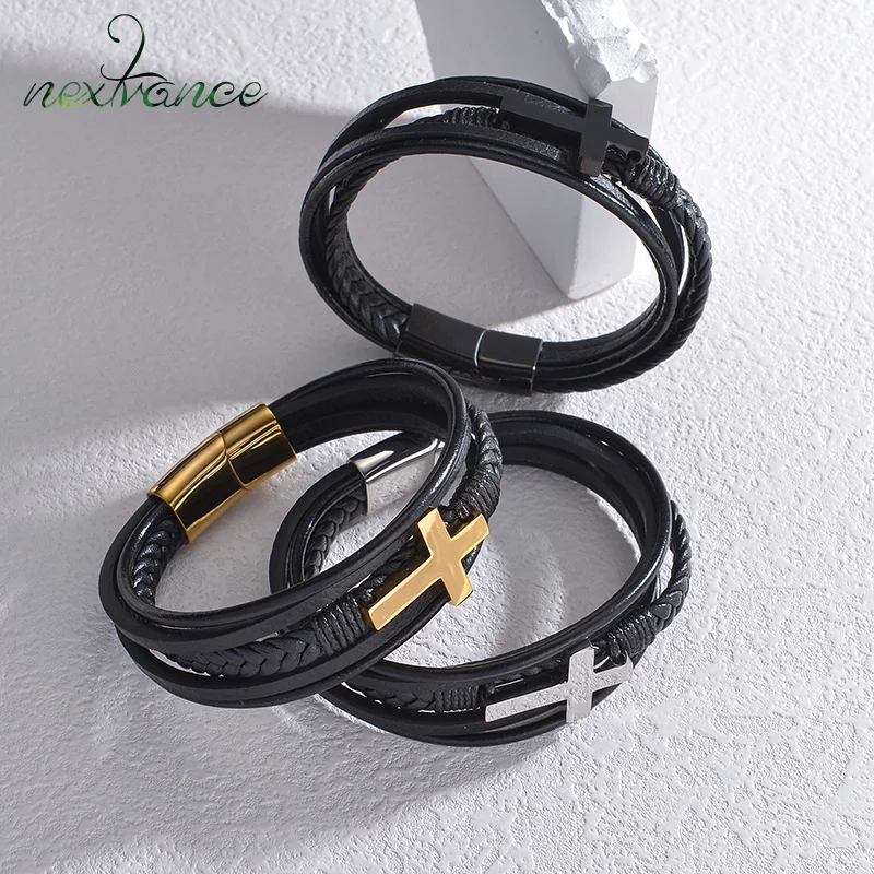 Nextvance Fashion Bracelet Stainless Steel Jesus Cross Multi-layer Woven Leather Bracelets For Man Jewelry Christian Gifts