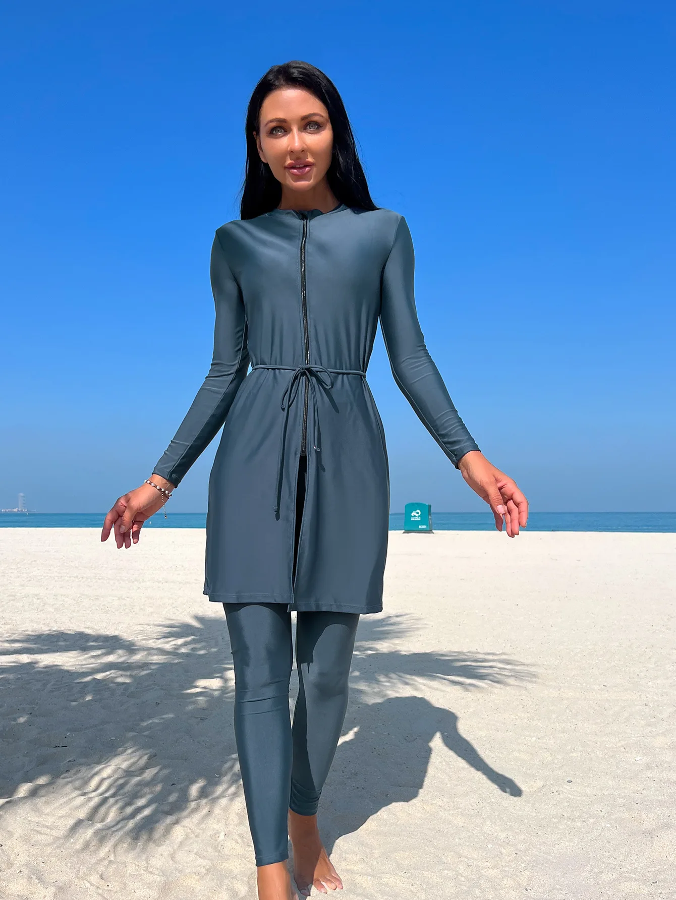 Maiô burkini para mulher muçulmana, conjunto de 3 partes, cor sólida, manga comprida, terno de mergulho, surf, verão