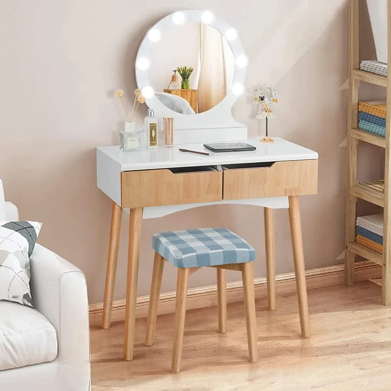 

Vanity Table Set w/Round Lighted Mirror, Makeup Dressing with 8 Led Light Bulbs & Touch Switch, Bedroom, Cushioned Stool