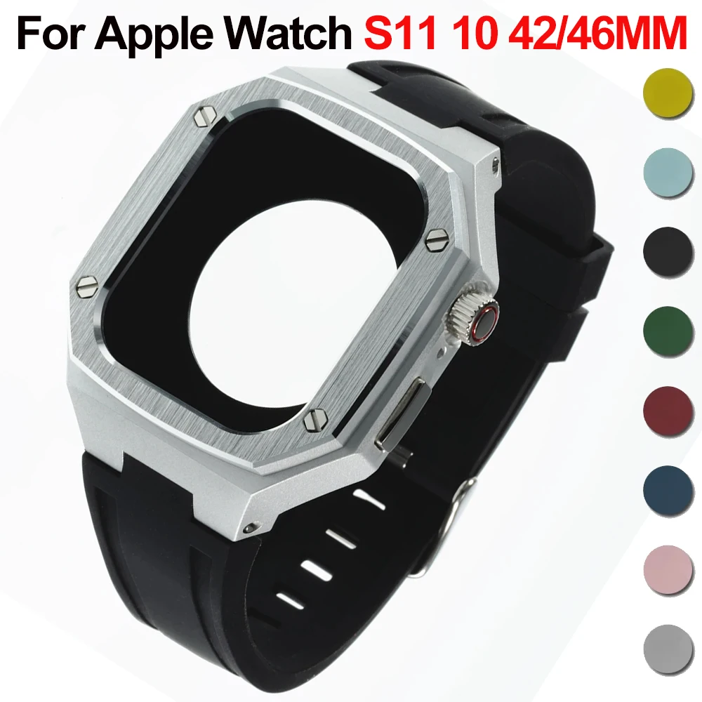 

Роскошный модификационный комплект для Apple Watch 11, 42 мм, 46 мм, корпус из нержавеющей стали, резиновый спортивный ремешок для iWatch Series 10, 42 мм, 46 мм