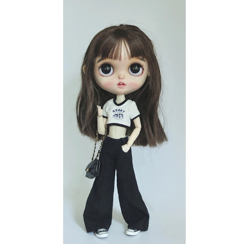 DLBell Round Neck Tight Shirts Crop Tops Short Sleeve T-shirt and Wide Leg Jeans Streetwear for Blythe Azone OB24 Doll Clothes