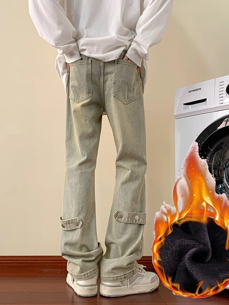 

Waed Fce Lined Jeans Men's Trendy Brand High Street Straight Leg Micro Flared Long Trousers Cotton Polyester Blend