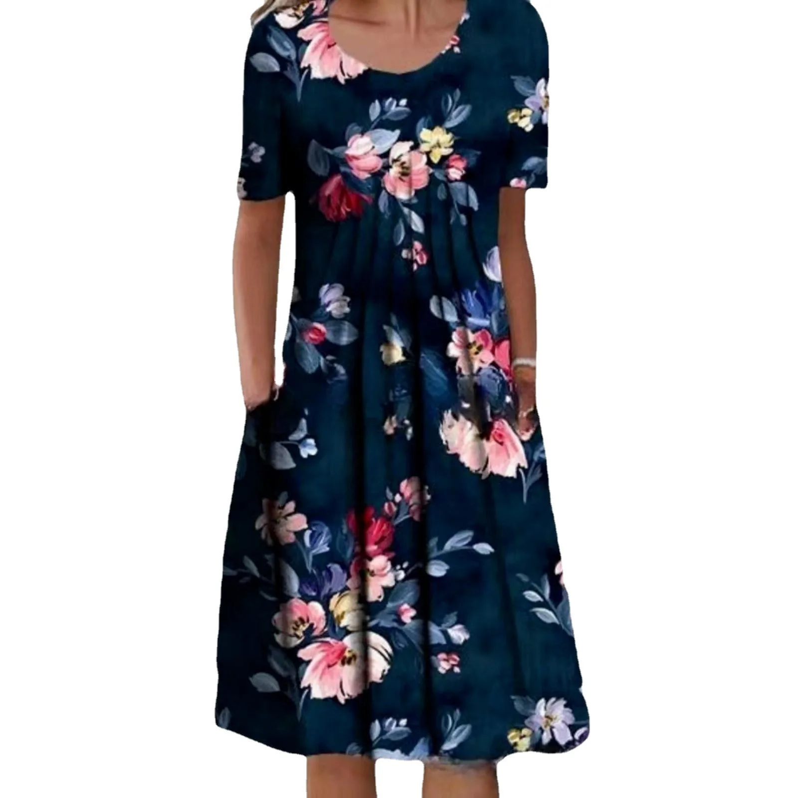 Elegant Women\'s Dresses Flower Fashion Print Crew Neck Short Sleeve Midi Dress Vestido Feminino  Dress Summer 롱원피스 Платья Летние