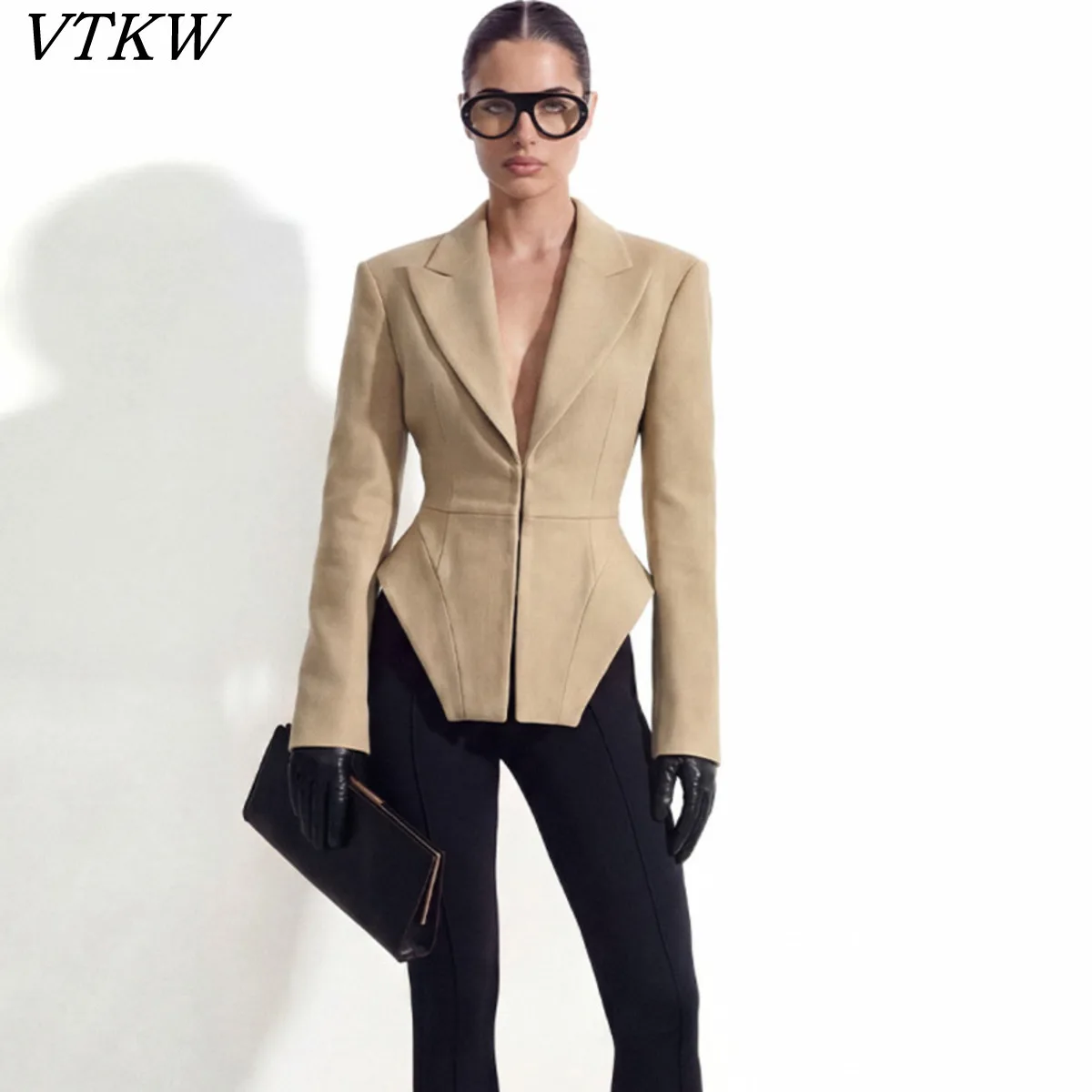

VTKW 2026 New Women Blazer Notched Lapel Deep V Neck Padded Shoulder Fitted Curved Hem Single Breasted Long Sleeve Beige Jacket