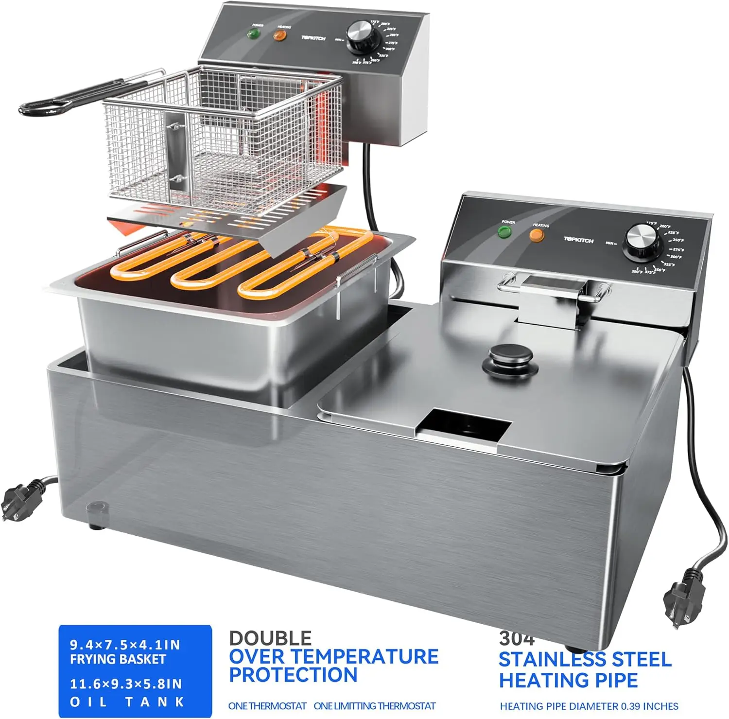 Commercial Deep Fryer Stainless Steel Dual Tank Electric Deep Fryer with 2 Baskets Capacity 10L X 2(21.2QT) Electric Countertop