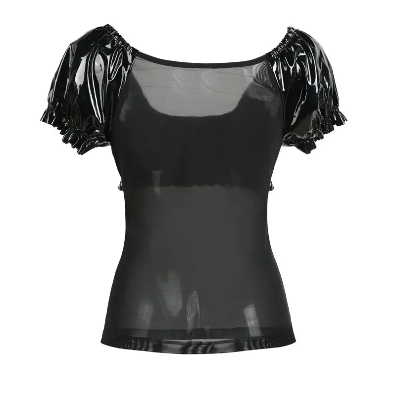 تي شيرت مرقع شبكي مجوف للنساء ، بلوزات قصيرة شفافة شفافة شفافة شفافة ، تي شيرت أسود مثير للسيدات ، ملابس نادي برقبة دائرية