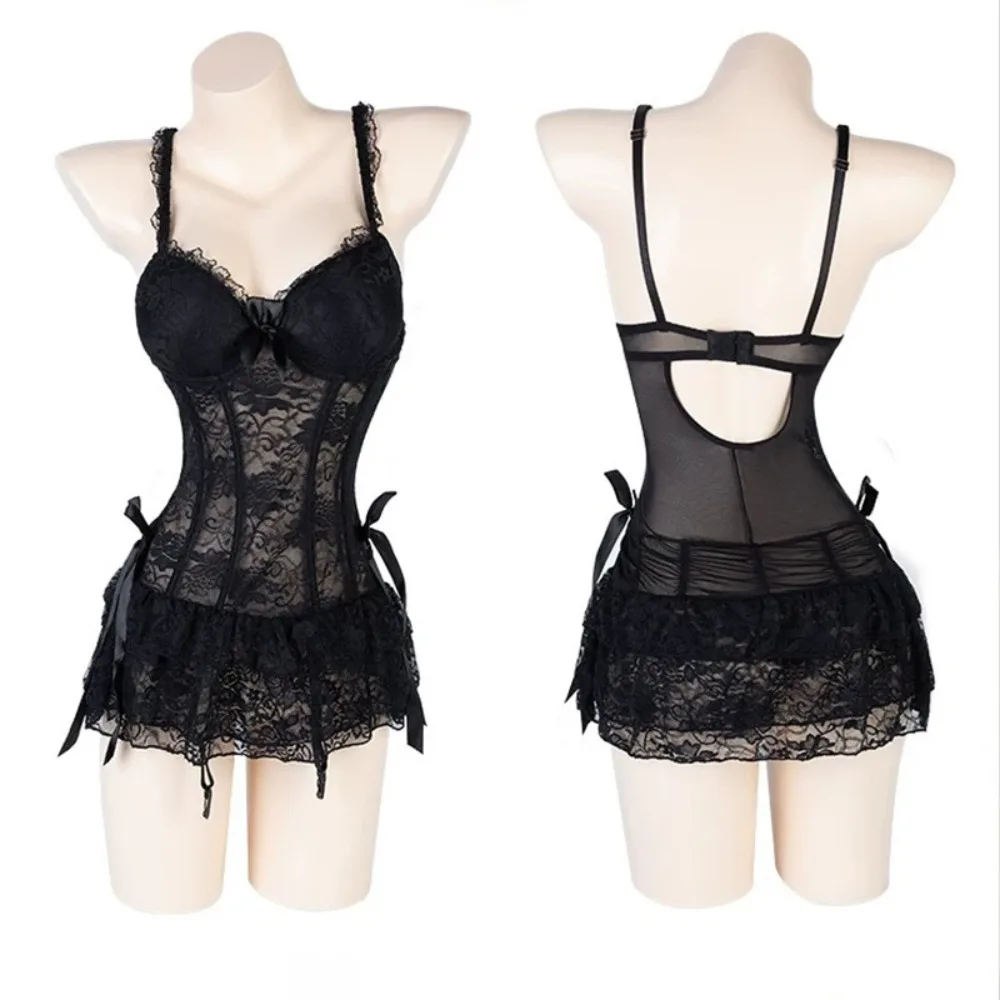 

Nightgown Lace Camisole Briefs Set Transparent Mesh Lingerie Uniform Dress Sleeveless Slim Fit Lace Corset Skirt Cosplay Party