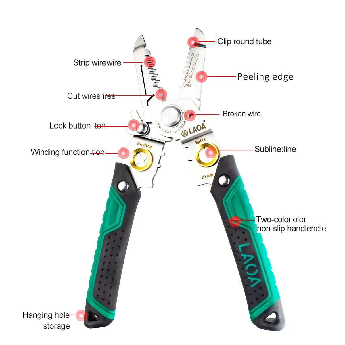 LAOA 8 In 1 Wire Stripper Peeling Wire Cutter Cable Cutter Wire Crimping Pliers Clamper Splitting Winding Electrician Tool