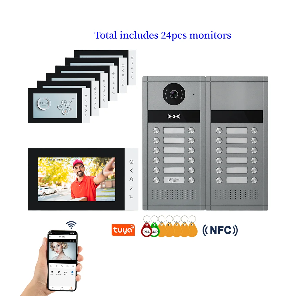 7" Tuya Smart Building Video Intercom For 6-24 Units Apartments NFC RFID Unlock 1080p Video Doorbell Video Door Phone System