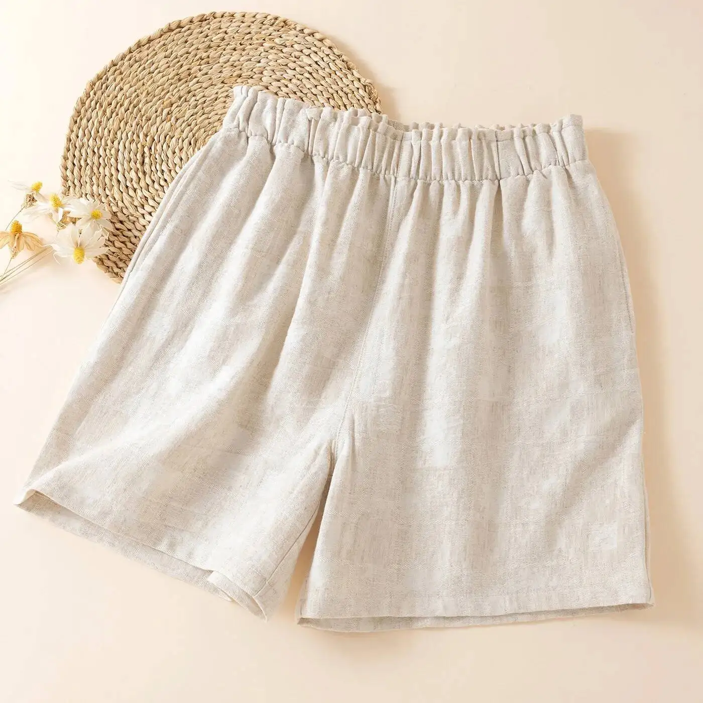

Cotton And Linen Couples Casual Wear Five-Point Summer Thin Homewear Breathable Pjamas Shorts For Women