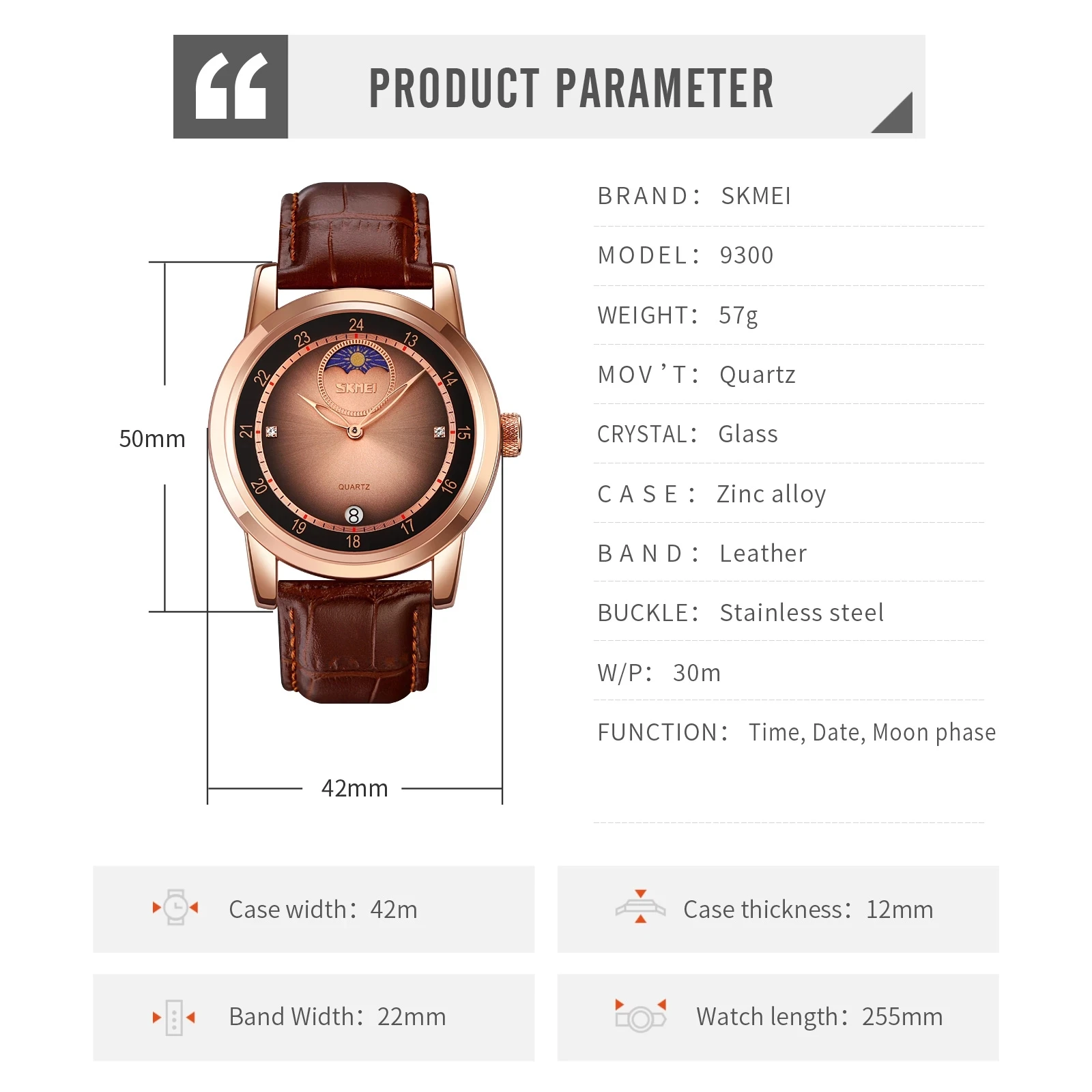 Watches for Men SKMEI Brand Fashion 2 Needle Brown Quartz Watch Luxury Leather Waterproof Moon Phase Wristwatch reloj de hombre