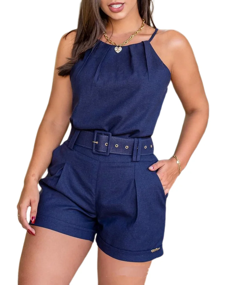 Top e shorts de ombro frio sem mangas feminino com cinto, suspensor casual, monocromático, magro, nova moda, verão, 2 peças