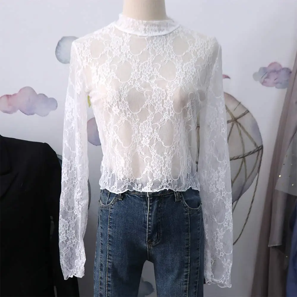 

Elegant Floral Lace Bottomed Blouse Half High Collar Embroidery Long Sleeve Mesh Top Hollow Spicy Girl Outfit Summer
