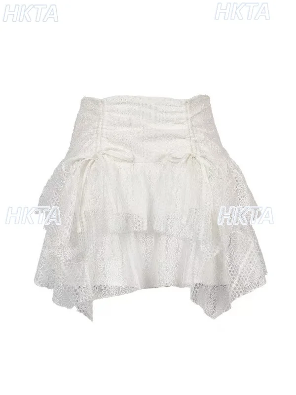 日本のロリータ風秋ハイウエストアシンメトリーイレギュラーレース黒スカート女性用スイートクール万能ボウタイケーキショートスカート