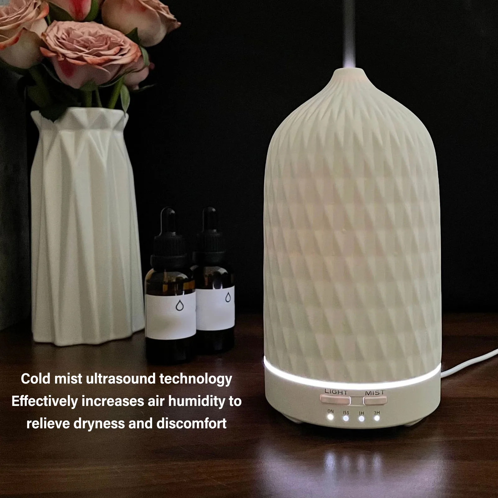 Essential Oil Diffuser Humidifier Ceramic Rhomboid Aromatherapy Diffuser Ultrasound Cool Mist Humidifier with 7 LED Lights