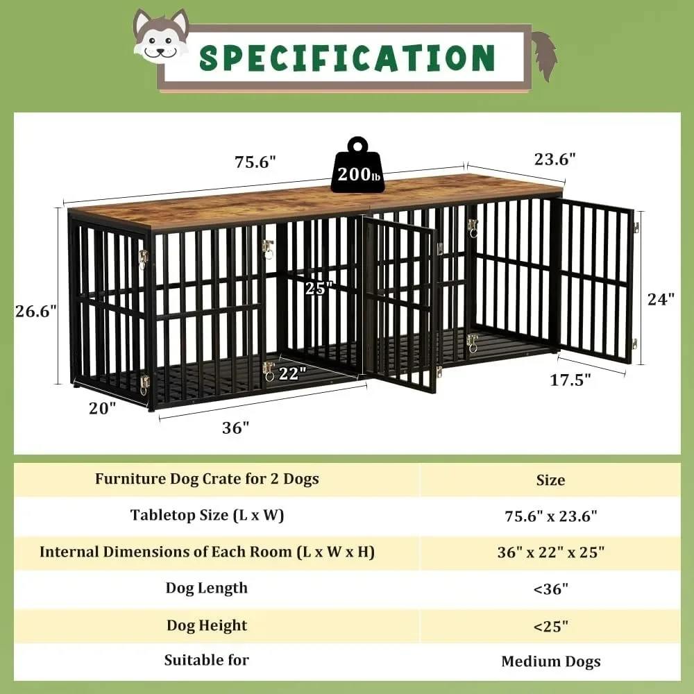 Dog Crate, Wooden Kennel with Divider and Large Breed with 4 Doors, Dog Cage End Table Indoor for Large & Medium Dogs, Dog Crate