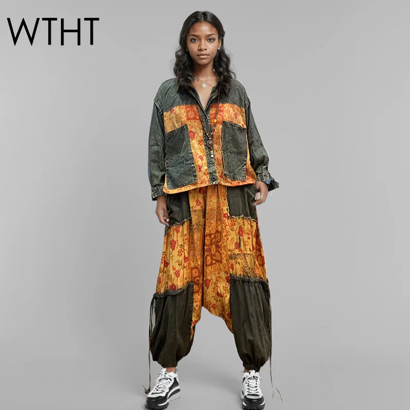 

WTHT Vintage Women Suits Patchwork Contrast Color Long Sleeve Denim Jacket Elastic Waist Loose Jeans Female 2025 Spring 1LS1189