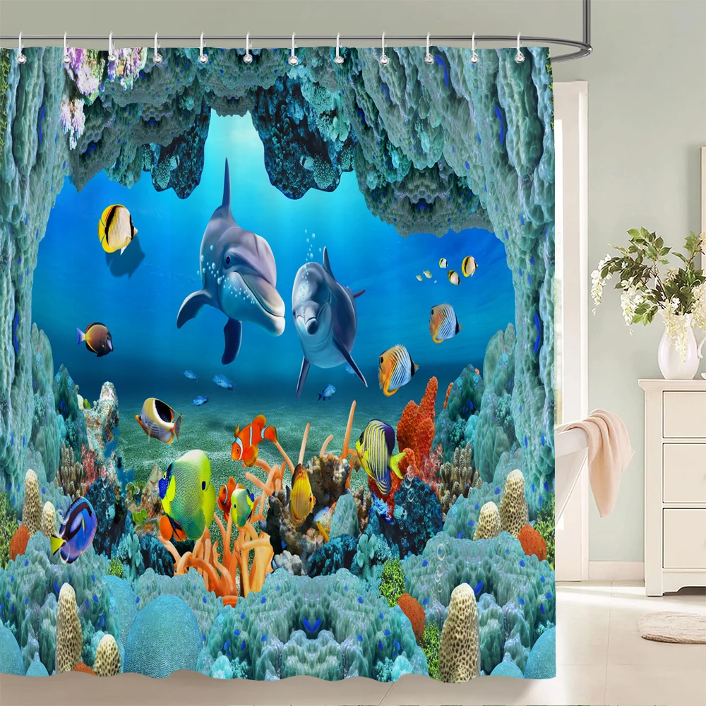 

High Quality Cartoon Fish Dolphin Printing Fabric Shower Curtain Bathroom Waterproof Ocean life Bath Curtains Decor with Hooks