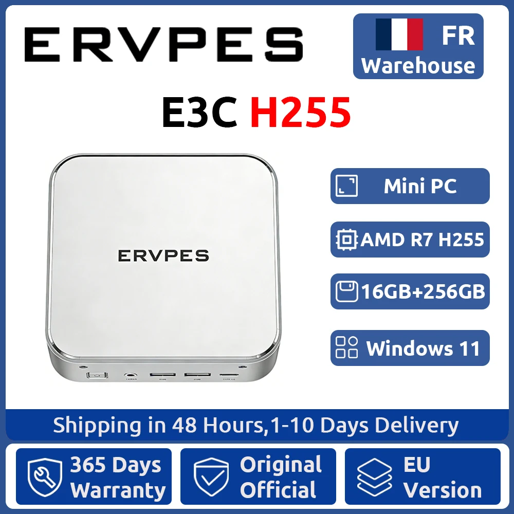 ERVPES Mini-PC E3C 16GB DDR5 5600MHz 512GB SSD AMD Ryzen 7 H255 Win11 Wi-Fi 6 BT5.2 Gaming Desktop Mini-Computer