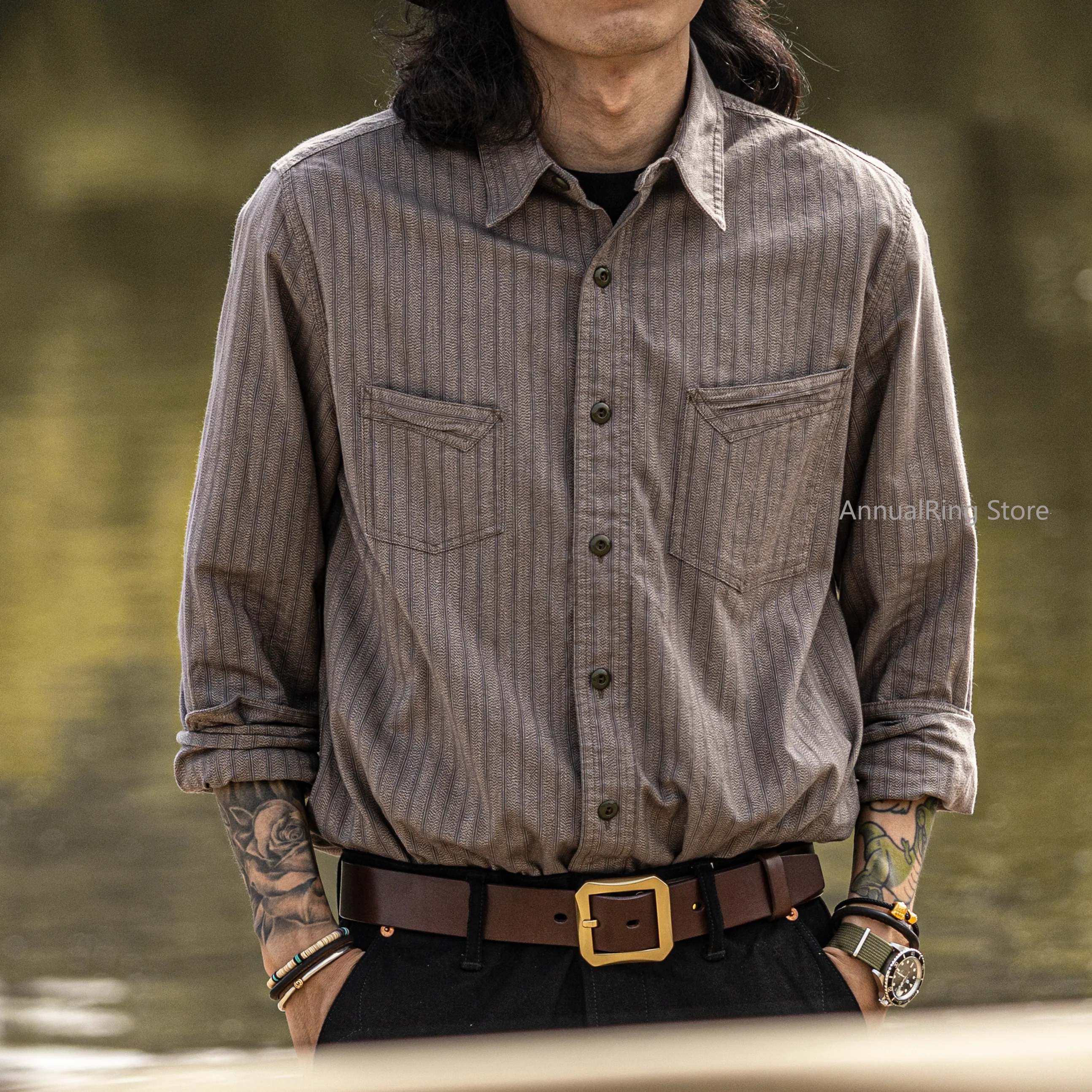 

Red Tornado 1930s Salt & Pepper Heather Stripe Work Shirt Vintage Americana Style Men's Long-Sleeve Casual Shirt