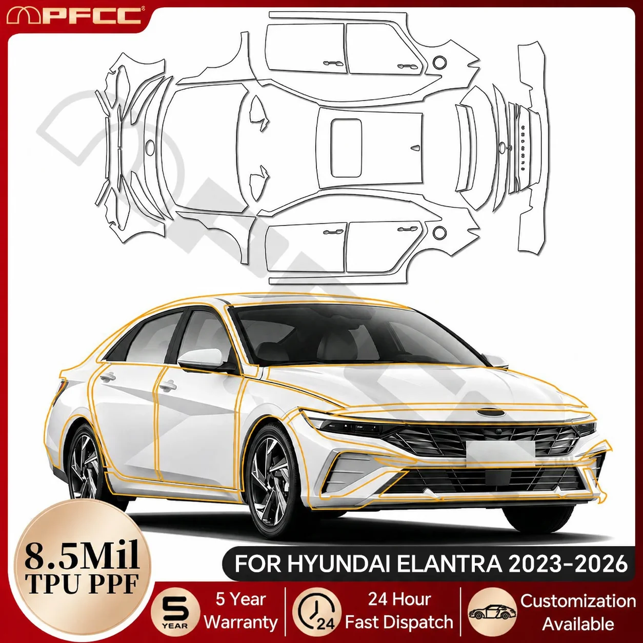 For Hyundai Elantra 2023-2026 Pre-cut TPU PPF Paint Protection Film Anti-Scratch Clear Cover Repairable Resistant Decal Sticker