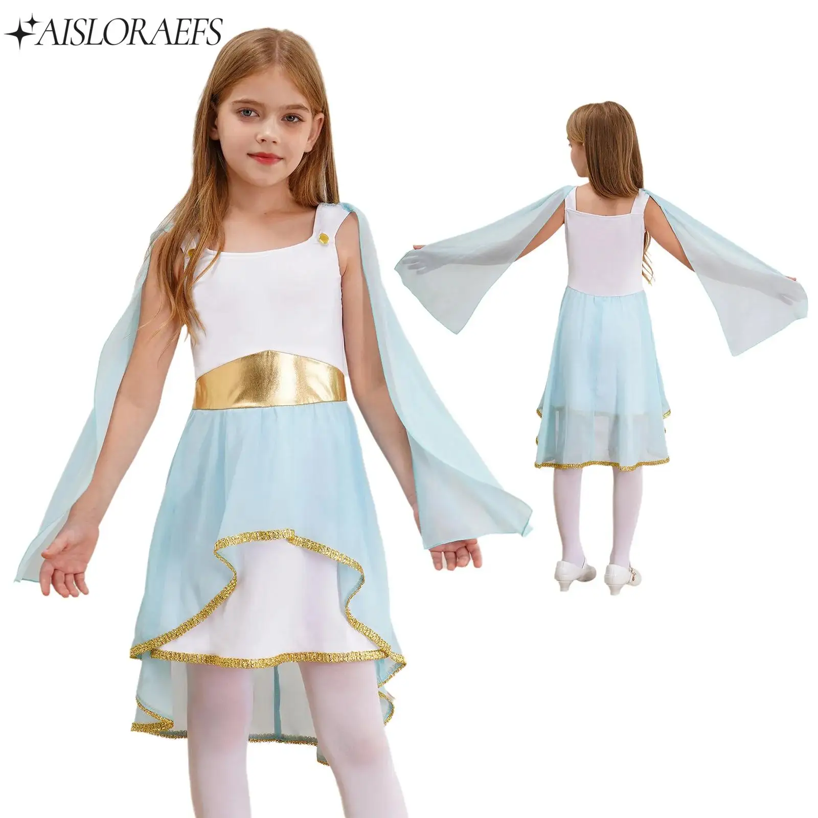 Kids Girls New Ancient Greek Toga Costumes Dress Sleeveless Asymmetrical Dress Party Ancient Rome Princess Cosplay Dance Costume