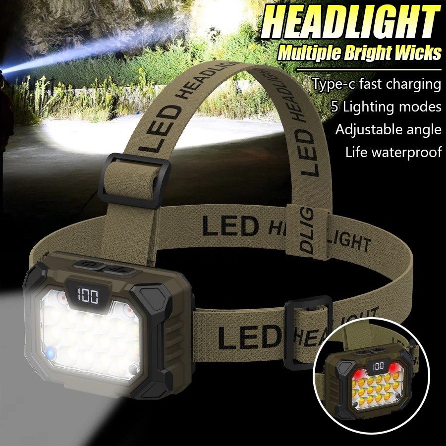 Super Bright LED COB Headlamp Motion Sensor Powerful Torch Power Display Outdoor Waterproof Hunting Fishing Flashlight